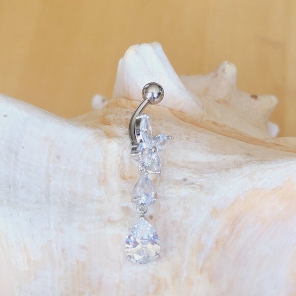 14G stainless steel butterfly and teardrop dangle belly button ring/navel ring - Picture 3 of 5